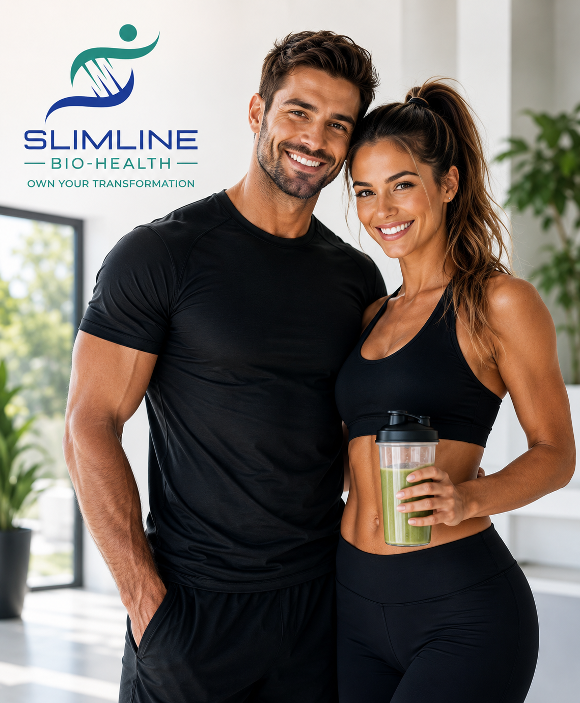Fit healthy couple representing peptide-supported weight loss, metabolic wellness and body transformation by Slimline Bio-Health.