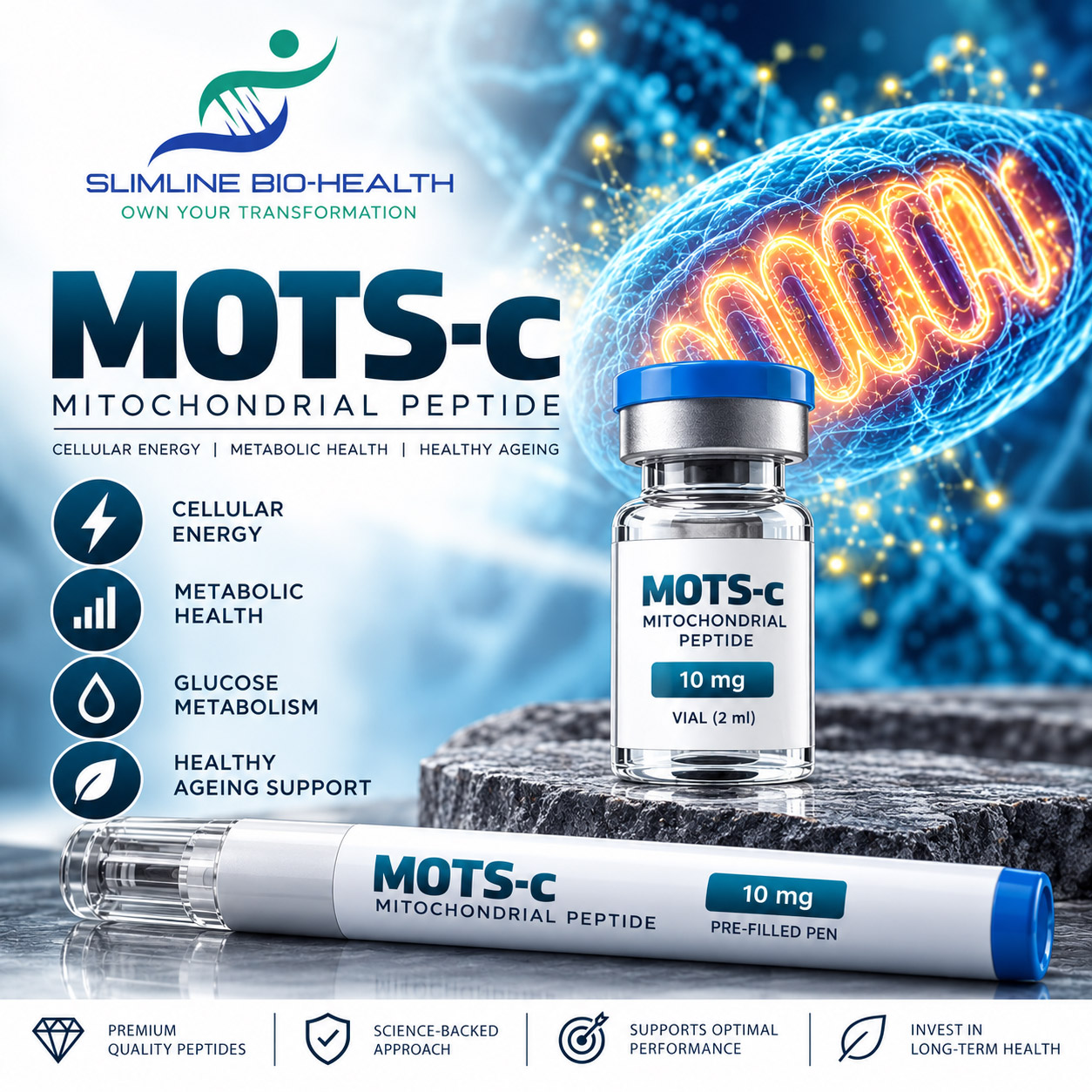 MOTS-c mitochondrial peptide 10 mg vial and pre-filled pen on a clinical blue background