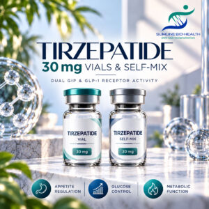 Tirzepatide 30 mg options in vial and self-mix formats, targeting GIP and GLP-1 receptors involved in metabolic regulation.